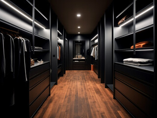 Stylish design for a black wardrobe interior. Generative AI