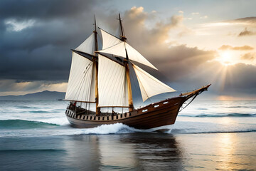 Fototapeta na wymiar old styled wooden sailing ship in the sea cruising over beautiful sunset sky with clouds created with generative ai technology
