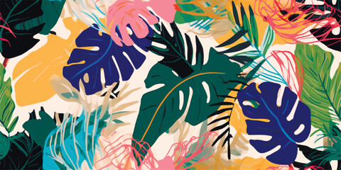 Bright modern plants collage artistic print. Trendy hand drawn contemporary seamless pattern