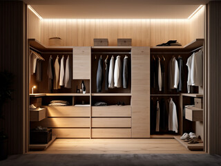 Light wood walk-in wardrobe with a sleek design. Generative AI