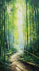 Fototapeta na wymiar a painting of a path through a bamboo forest. generative ai