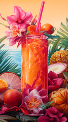 Vertical illustration of a colorful tropic cocktail in a high glass with exotic flowers and citrus fruits over tropical background. Suitable for posters, banners, covers and other ad purposes. AI