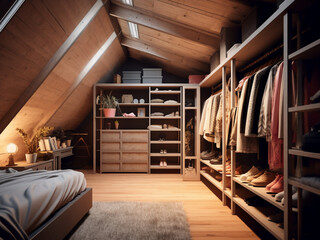 Obraz premium Contemporary industrial design for a loft walk-in wardrobe. Generative AI