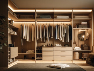 Efficient storage solutions in a light wood dressing room. Generative AI