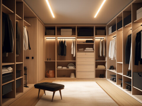 Modern interior design for a light wood dressing room. Generative AI