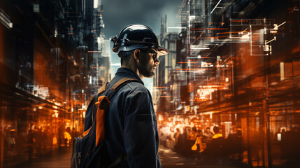 Construction worker wearing an orange hard hat. Development concept. BIM and digital twin concept.