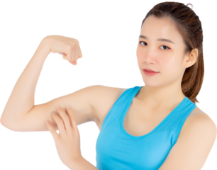 Beautiful portrait young asian woman wear sport clothes have strong and muscle with health, girl show biceps with exercise and workout for wellness, strength and fit concept.