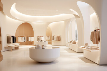 Modern apparel store interior in light colors. AI generated
