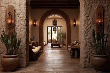 A lavish entrance area of a home inspired by Southwestern aesthetics.
