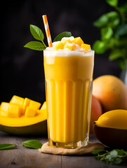 Mango smoothie in a high glass with sliced fresh mango fruit and a straw on wooden table. Creamy tropical drink on dark background. Close up of mango drink. AI