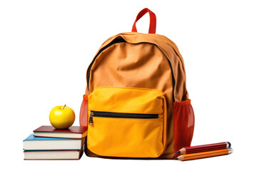 Back to school. Student backpack and books isolated on transparent background, PNG. 