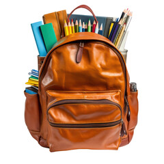 Back to school. Student backpack with supplies isolated on transparent background, PNG. 