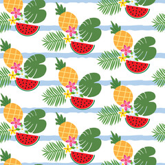 Vector summer seamless pattern with tropical leaves and fruits.