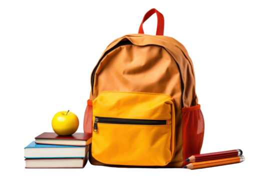 Back to school. Student backpack and books isolated on transparent background, PNG. 
