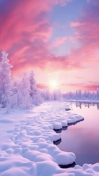 Winter sunrise over calm landscape with snow covered trees. Snowy wintertime nature in vertical format and as 4K video loop