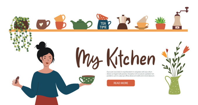 Banner with smiling girl for culinary blog, preparing food vlog, channel. Woman drinks tea or coffee and eats cookies in the kitchen. Kitchen equipment on wooden shelves.