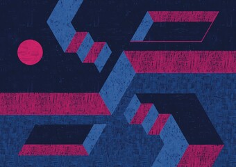 Naklejka premium Isometric geometric shapes and stairs with sun moon sphere with scribble hand done texture in blue and pink