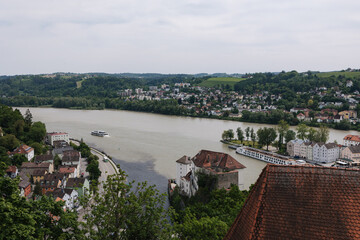 The place where three rivers merge. The view from the mountain on the banks of the rivers