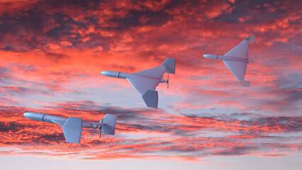 3d render three Iranian drones attack in the evening red sky, sunset, war, Russia, Ukraine