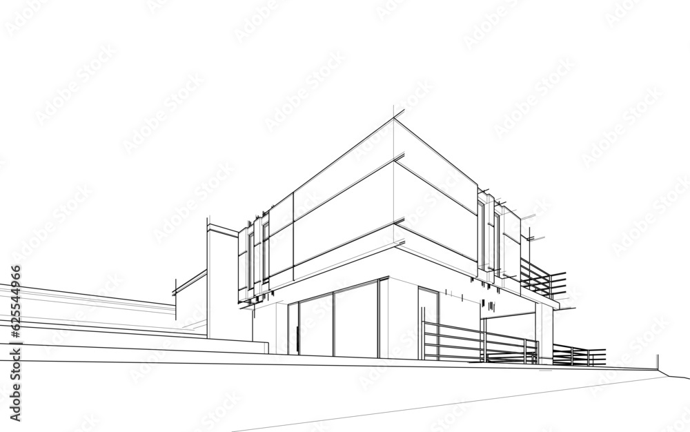 Wall mural house building sketch architecture 3d illustration