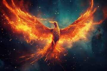 Obraz na płótnie Canvas A burning bird phoenix in the night sky. Bird phoenix. Generative Ai