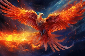 A burning bird phoenix in the night sky. Bird phoenix. Generative Ai - obrazy, fototapety, plakaty