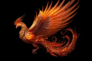 Obraz premium Burning bird phoenix isolated on black background. Bird phoenix. Generative Ai