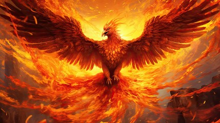A burning bird phoenix is taking off from the sun. Bird phoenix. Generative Ai