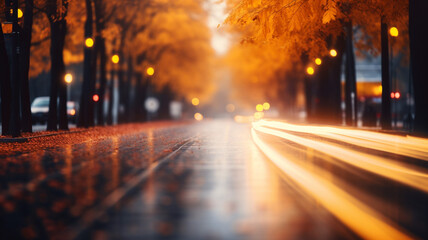 Fototapeta na wymiar Autumn blurred city street. AI generated