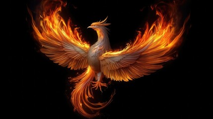 Burning bird phoenix isolated on black background. Bird phoenix. Generative Ai