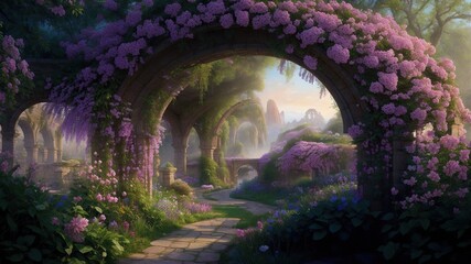 Fototapeta premium Magical garden with archway filled with blooming flowers