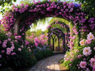 Fototapeta premium Magical garden with archway filled with blooming flowers