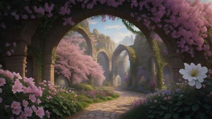 Fototapeta premium Magical garden with archway filled with blooming flowers