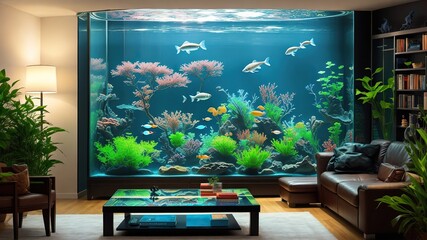 Modern living room with aquarium in corner