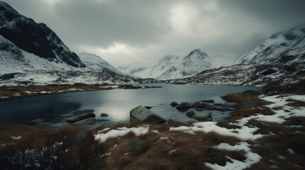 Fototapeta na wymiar lake with snowy mountains in background