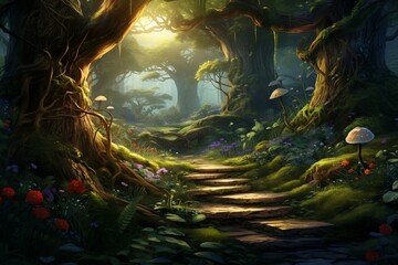 Fototapeta na wymiar Beautiful Fairytale Enchanted Forest Blooming. Generative AI