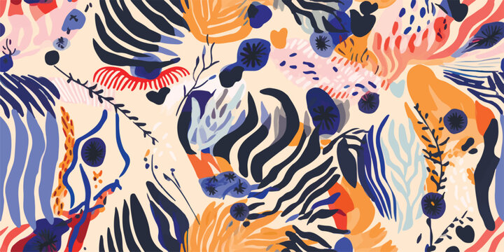 Hand drawn bohemian abstract organic shapes floral pattern with zebras skin. Collage contemporary print. Fashionable template for design. Ethnic style