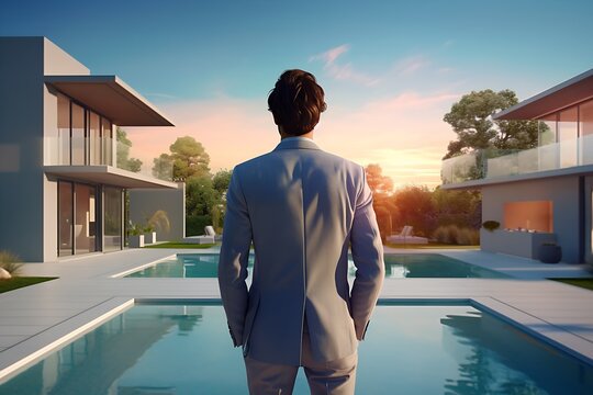 Real estate agent standing in his property looking in the sky in the beautiful dawn. Real estate agent waiting for the buyer.
