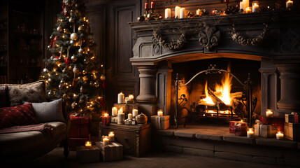 Festive and Cozy Christmas: A beautifully decorated living room with a roaring fireplace, adorned with twinkling lights and stockings hung by the chimney