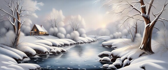 Banner Beautiful Winter house in the snow forest and river, against