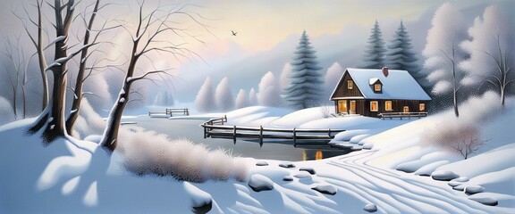 Banner Beautiful Winter Landscape With House and a snowy forest with a river