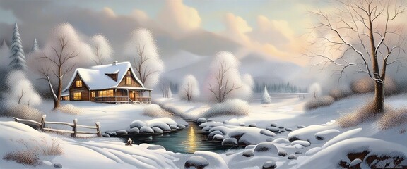 Banner Winter landscape with a house in a mountain valley, Christmas mood