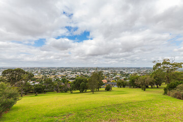 Mount Gambier town viewed from the Potters Point Lookout on a day, South Australia