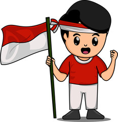 cute boy holding indonesian flag. independence day of indonesia