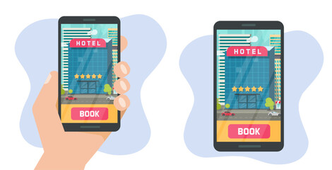 Hotel book online app on mobile cell phone vector icon graphic illustration, flat cartoon house apartment internet web searching service, order 5 star accommodation image clipart