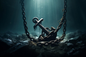 A moody and mysterious image of a pirate ship's anchor sinking into the dark ocean depths. 
This photo communicates the allure of the unknown and the depth of a pirate's life. - Powered by Adobe