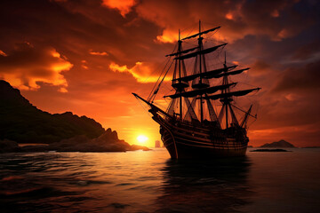 An atmospheric image showing the silhouette of a pirate ship against a dramatic sunset. The picture evokes feelings of mystery, adventure, and a bygone era.