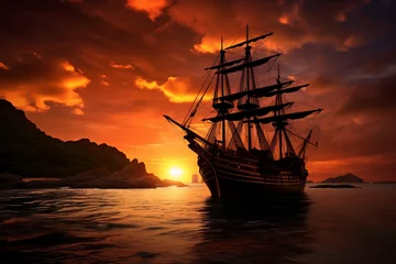 Papier Peint photo Navire An atmospheric image showing the silhouette of a pirate ship against a dramatic sunset. The picture evokes feelings of mystery, adventure, and a bygone era.