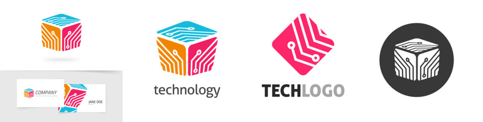 Technology logo icon vector graphic, digital tech circuit chip science logotype, electronic microchip microcircuit modern design clipart image, microcontroller semiconductor company symbol