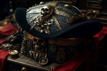 An appealing detailed shot of an ornate pirate captain's hat resting on a treasure chest. 
The...